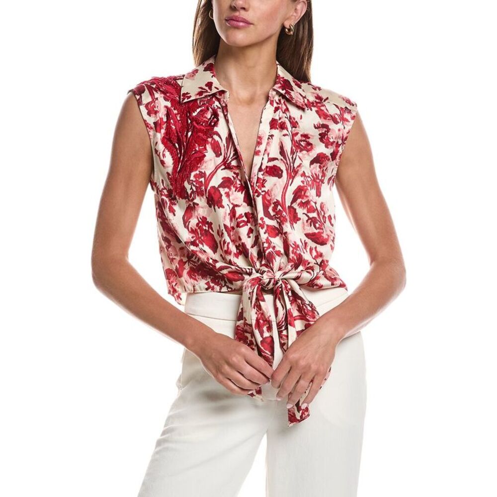 Cinq À Sept Womens  Floral Ribbons Sleeveless Marianna Top, Red